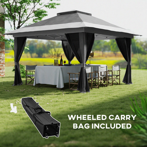 Gazebo 11,7' x 11,7' avec filet, abri solaire instantané UPF50+ avec sac de transport à roulettes et sacs de sable