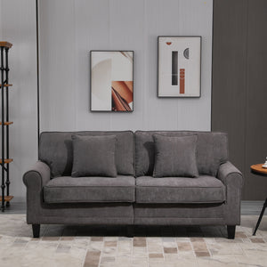 Canapé 3 places moderne velours côtelé, pieds en pin et accoudoirs roulés, gris clair