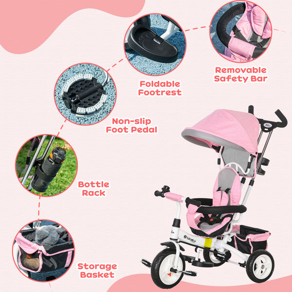 6 in 1 Toddler Tricycle Stroller with Basket, Canopy, 5-Point Safety Harness, 12-60 Months, Pink