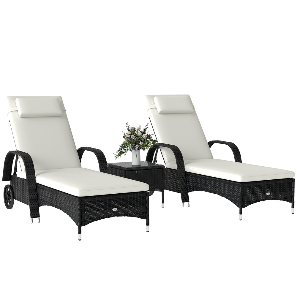 Patio Rattan Lounge Set has a Wheeled Wicker Chaise Lounge Chair and A Table with A Tempered Glass Top, White