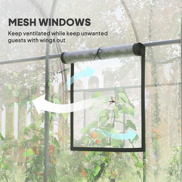 Tunnel greenhouse with roll-up door and mesh window, wind-resistant, transparent