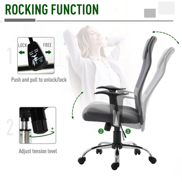 Ergonomic mesh office chair with thick padded headrest and armrests, grey.