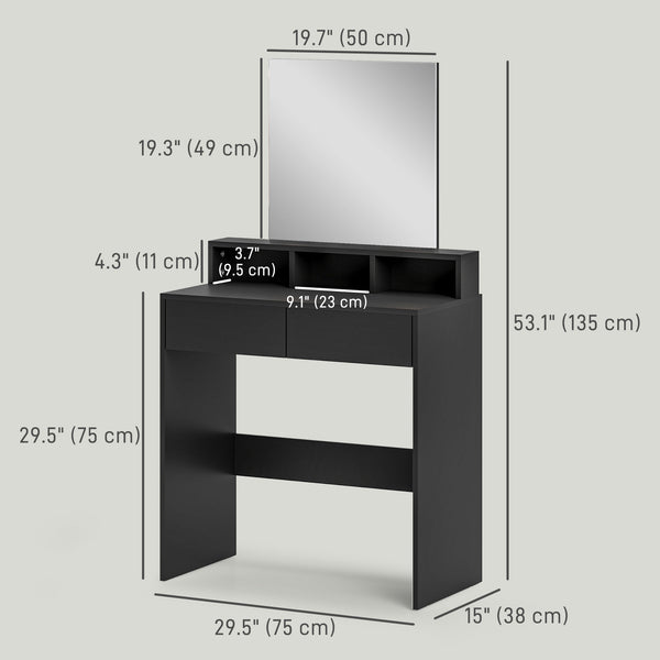 Coiffeuse avec miroir, tiroirs et compartiments, noire