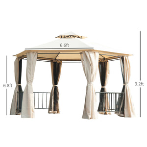 Gazebo hexagonal 13 pi avec moustiquaire et rideaux ombragés, beige