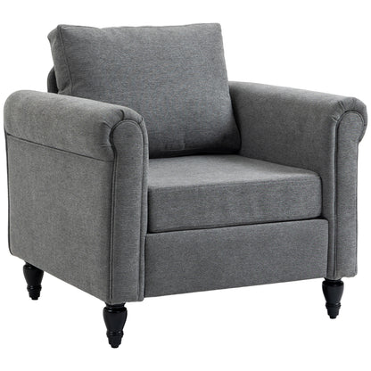 Fauteuil d'appoint rembourré avec accoudoirs, pieds en bois d'hévéa en forme de gourde, gris clair