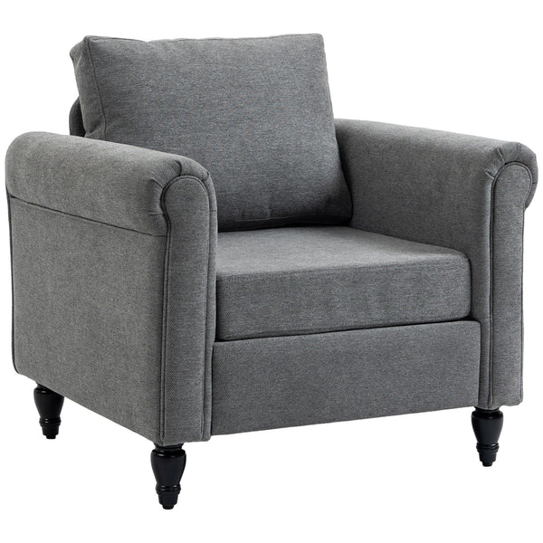 Fauteuil d'appoint rembourré avec accoudoirs etpieds en bois d'hévéa, gris clair