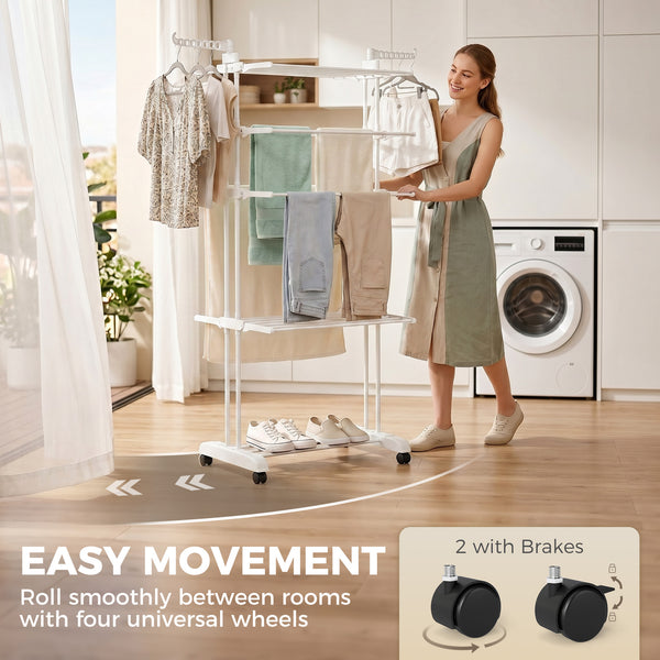 Séchoir à linge pliable à 5 niveaux sur roulettes, blanc