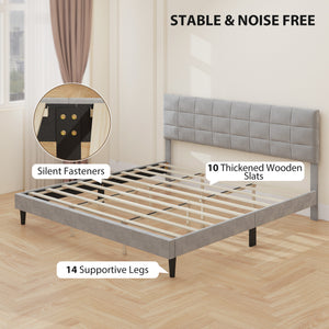 Cadre de lit king size avec tête de lit rembourrée, lattes en bois, capacité de charge de 500 kg, gris