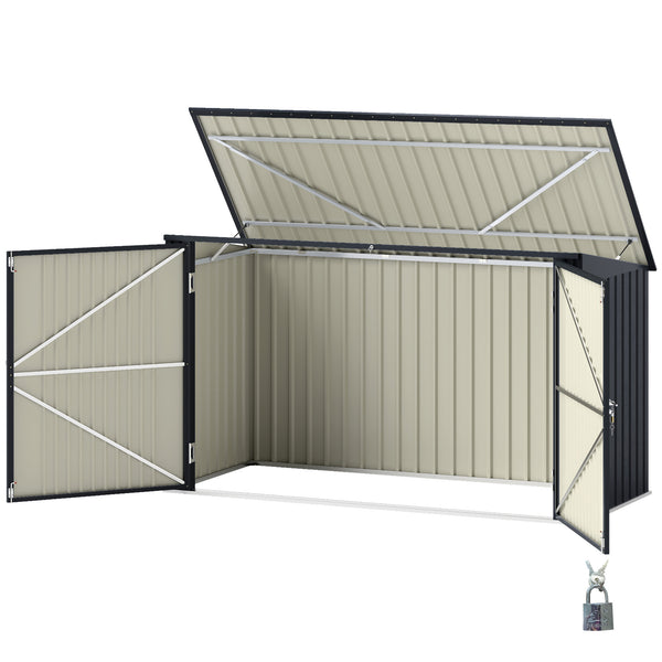 Garden shed with three bin compartments, grey