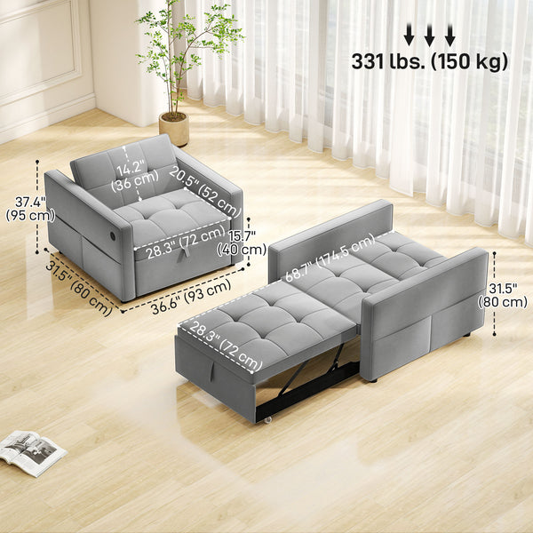 Fauteuil convertible en lit avec port USB, dossier réglable, en velours, gris