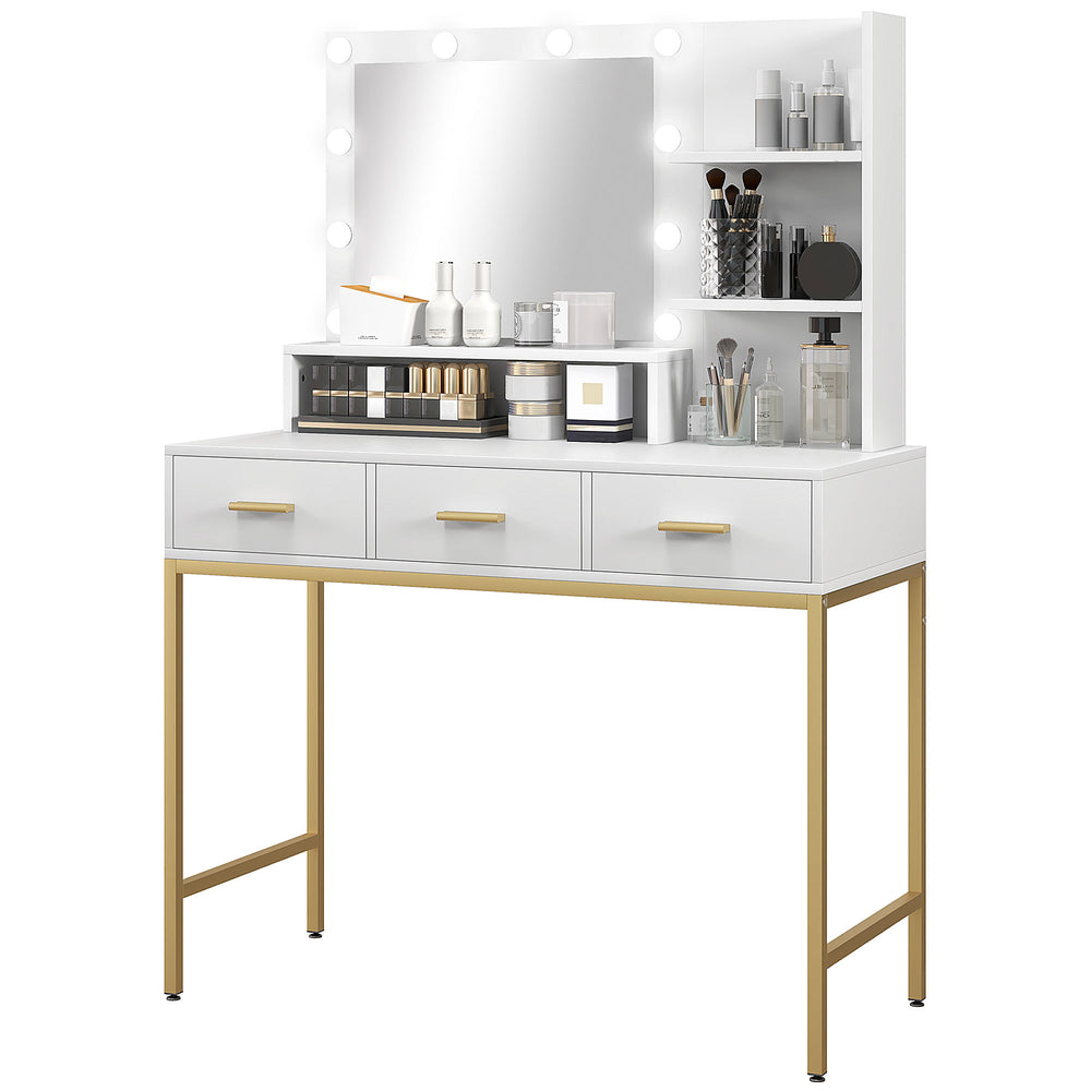 Coiffeuse lumineuse LED avec miroir, 3 tiroirs et étagères de rangement, blanc