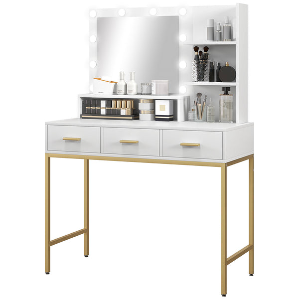 Coiffeuse lumineuse LED avec miroir, 3 tiroirs et étagères de rangement, blanc