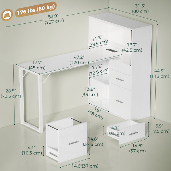 Bureau d'ordinateur 54" avec tiroirs et rangement, prises électriques et éclairage LED, blanc