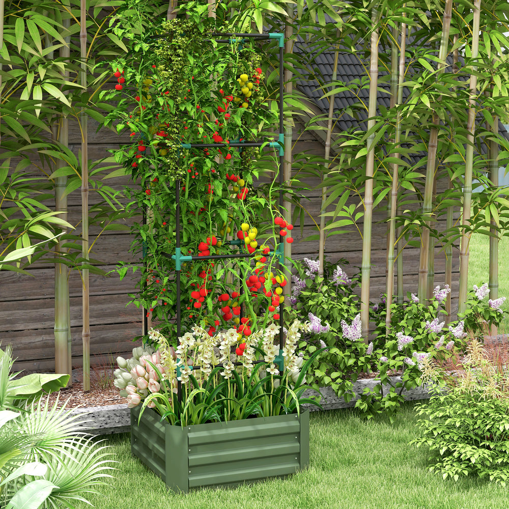 Raised galvanized planter with 4-tier trellis, green