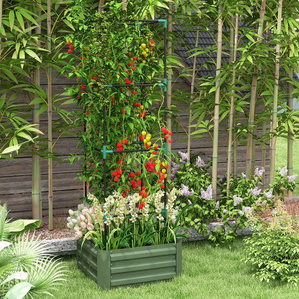 Raised galvanized planter with 4-tier trellis, green