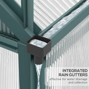 Green polycarbonate greenhouse with gutter, vents and sliding door