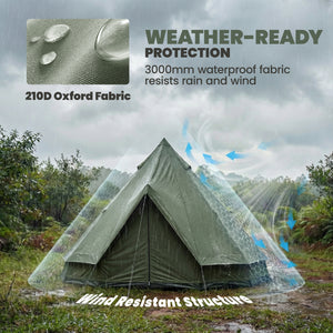 Waterproof teepee tent with stove jack, ideal for 4 to 6 people for camping or hiking, khaki