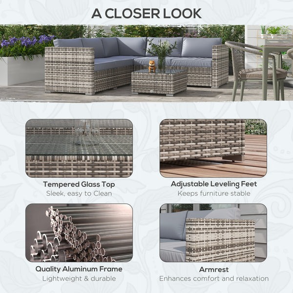 4 Pieces Rattan Wicker Outdoor Conversation Furniture Set w/ Corner Sofa Loveseats Coffee Table Cushions, Grey