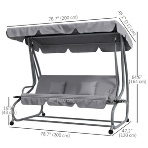 Outdoor 3-Seater Patio Swing Chair, Outdoor Swing Seat, with Adjustable Canopy and Two Pillows for Garden, Light Grey