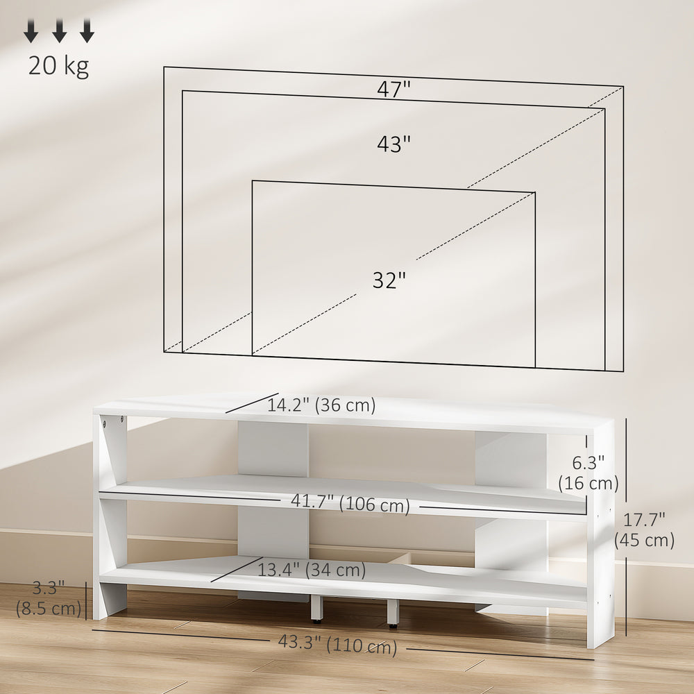 Meuble TV d'angle avec 2 étagères ouvertes pour TV 47 pouces, blanc