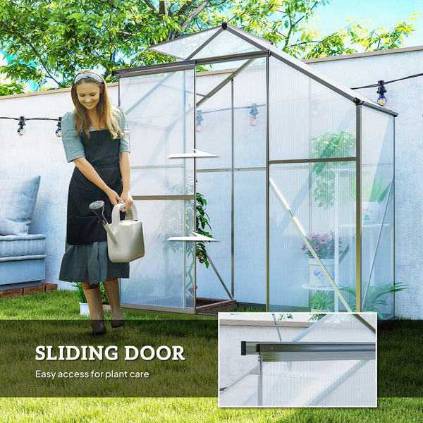 Polycarbonate greenhouse with sliding door, 5-level roof ventilation and gutter
