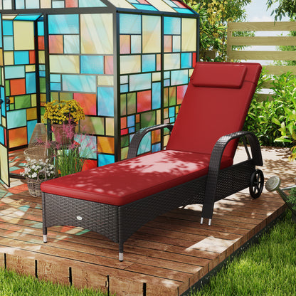 Outsunny Outdoor Sun Lounger, Lounge Chair with Headrest, 5 Level Adjustable, Backrest, Casters, Deep Coffee and Wine Red |