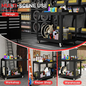 2-Tier Rolling Tool Cart, 500 lb Capacity, Plastic Utility Cart with Handle, Black