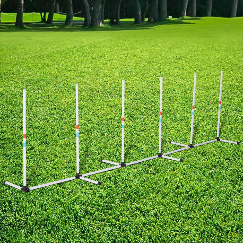 Adjustable Dog Agility Training Obstacle Set with Weaves Poles and Storage Bag for Pet Dogs Outdoor Games Exercise White