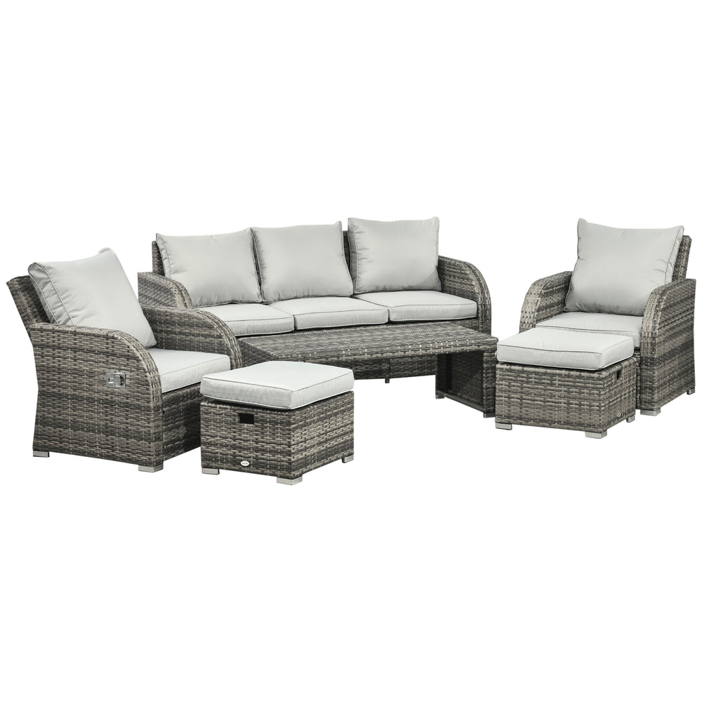 Ensemble de jardin 6 pièces avec coussins, canapé d'angle en résine tressée PE avec canapé 3 places, 2 fauteuils inclinables, 2 repose-pieds et table, gris