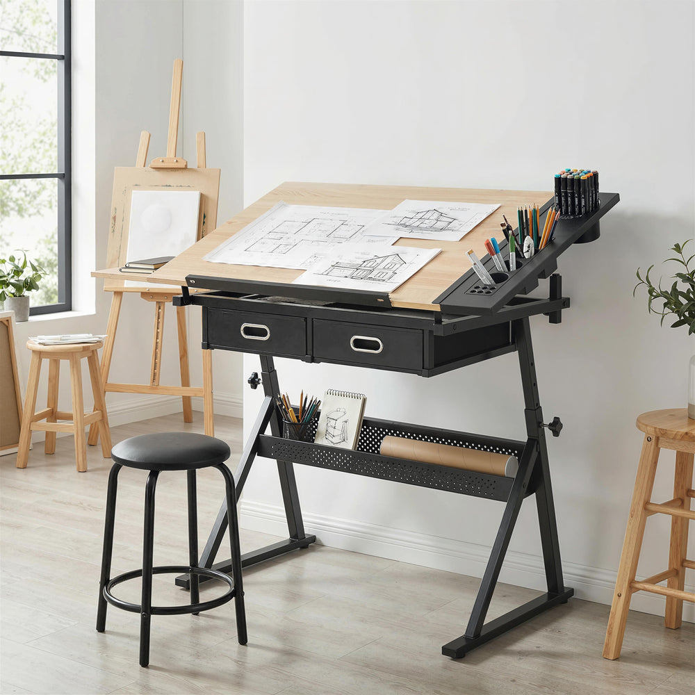 Table à dessin réglable avec tabouret et tiroirs de rangement pour la peinture, chêne