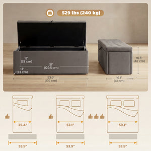 Banc ottoman avec rangement de 141 L, assise capitonnée en velours et couvercle relevable – Gris