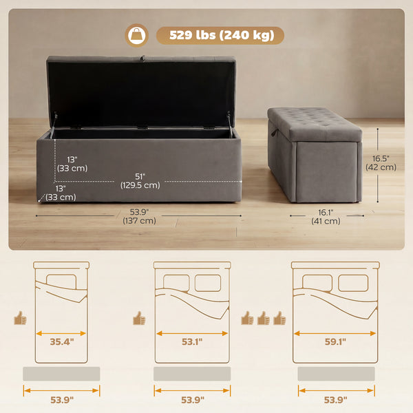 Banc ottoman avec rangement de 141 L, assise capitonnée en velours et couvercle relevable – Gris