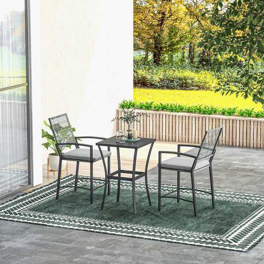 Ensemble table et chaises de bar en rotin 3 pièces avec coussins