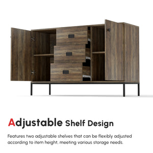 Industrial sideboard with 2 doors, 3 drawers, and shelves, brown.