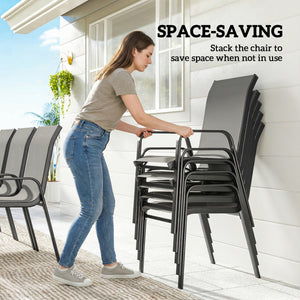 Ensemble de patio 9 pièces avec chaises empilables, plateau en verre pour jardin, terrasse, cour, gris foncé