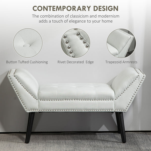 Banc rembourré moderne avec accoudoirs et garniture cloutée, blanc