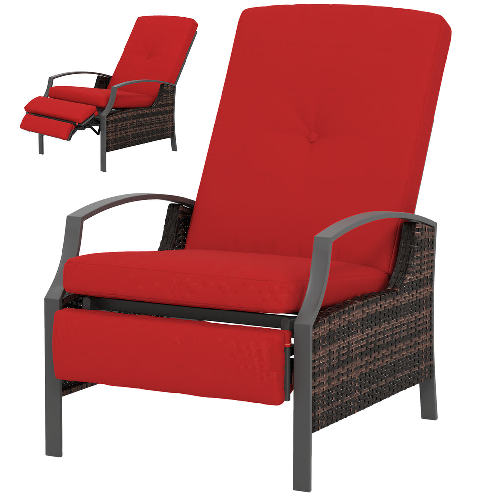 Fauteuil inclinable d'extérieur en rotin avec dossier réglable et repose-pieds rétractable, couleur rouge vin
