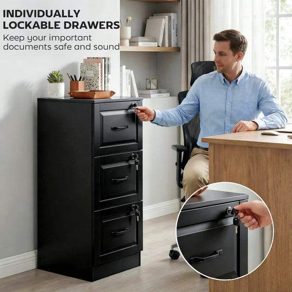 3-drawer vertical filing cabinet with lock, A4 and Letter compatible, black. Adjustable hanging rails.
