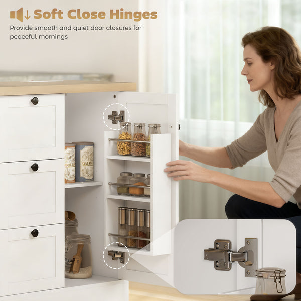 Farmhouse style kitchen island with electrical outlet, soft-close doors, and 3 drawers, white