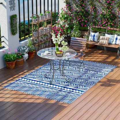 Tapis de sol de patio, tapis en plastique 6' x 9' pour jardin, terrasse, plage, camping, bleu foncé et blanc