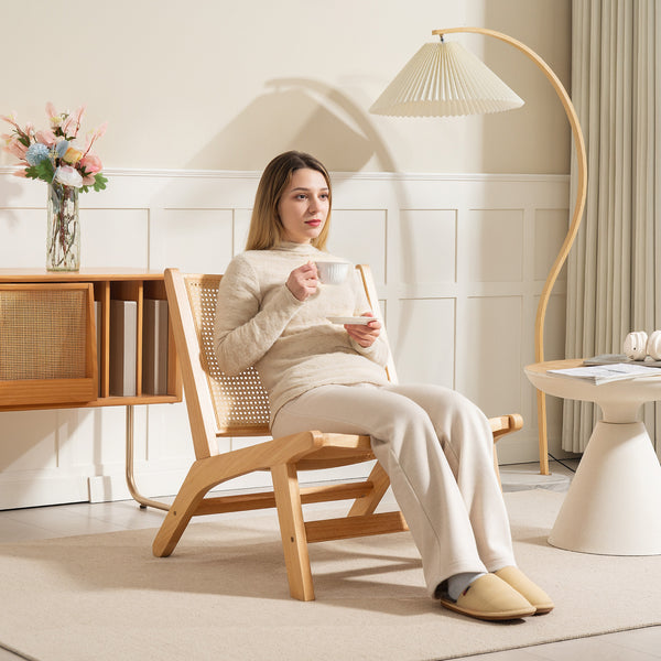 Fauteuil d'appoint en rotin avec cadre en bois d'hévéa, couleur naturelle