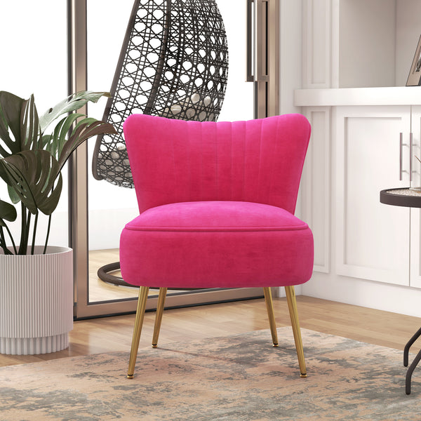 Fauteuil de salon en velours avec pieds en acier doré et dossier capitonné, rose
