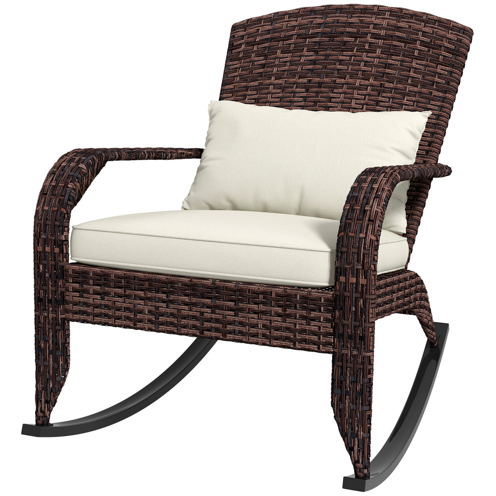Adirondack Chair, Outdoor Wicker Rocking Chair with High Back, Seat Cushion and Pillow for Porch, Balcony, Cream/Brown