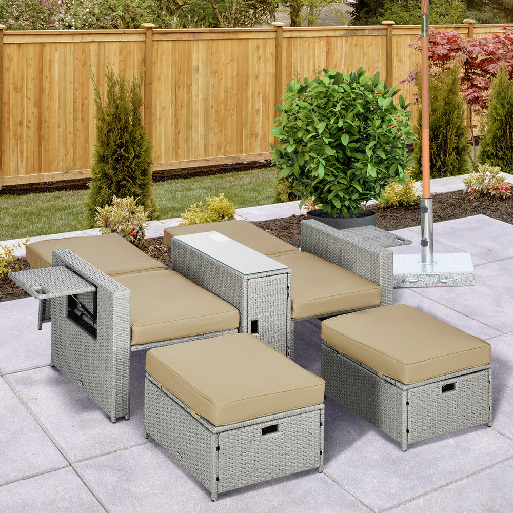 5PC Wicker Patio Lounger, Outdoor PE Rattan 5-level Adjustable Recliner Sofa Bed with Storage Side Table and Footstools, for Patio, Garden, Poolside, Khaki