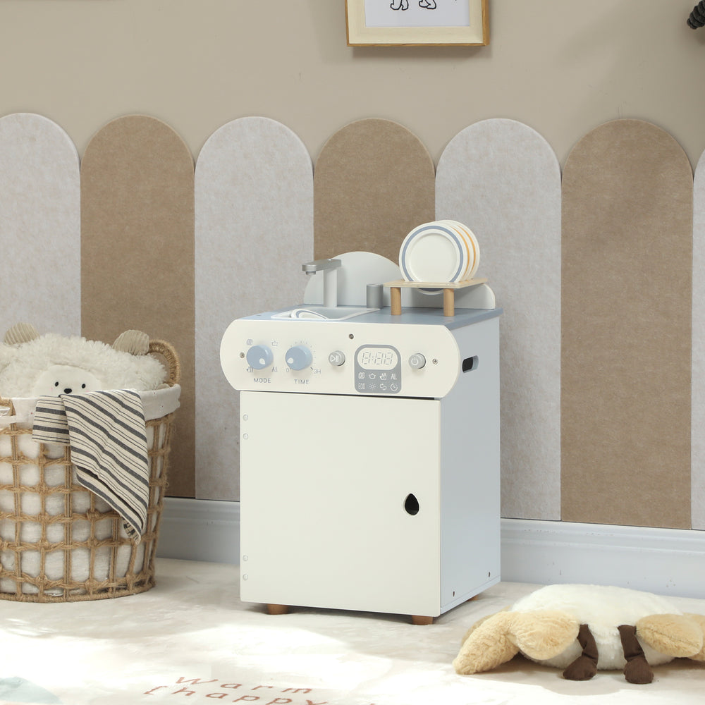 Lave-vaisselle en bois, évier avec robinet, boutons rotatifs et accessoires