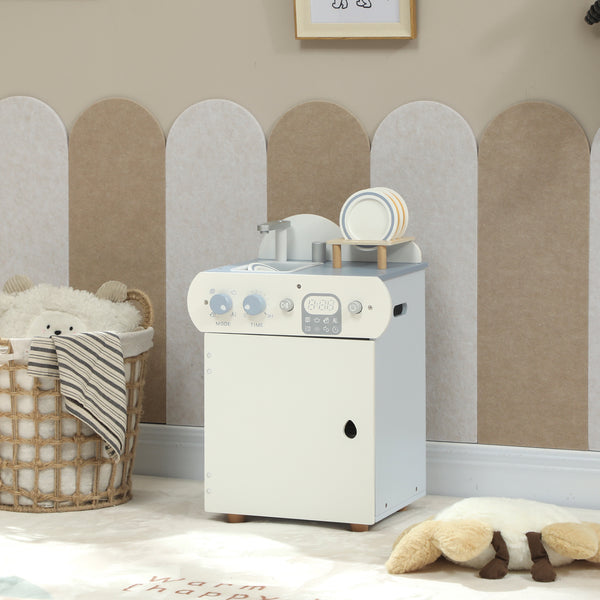 Lave-vaisselle en bois, évier avec robinet, boutons rotatifs et accessoires