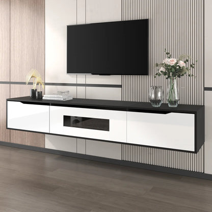 Meuble TV haute brillance avec éclairage LED personnalisable et options de montage polyvalentes, noir et blanc