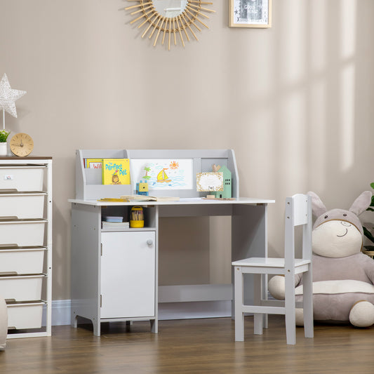 Ensemble bureau et chaises pour enfants avec tableau blanc, rangement et étagères, gris
