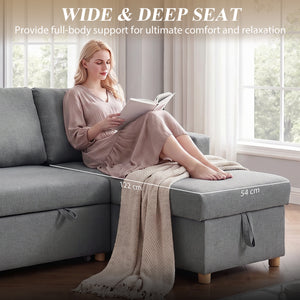 83" Sofa Bed, Pull Out Sleeper L Shaped Sectional Couch with Reversible Storage Chaise, Wide and Deep Seat, Light Grey