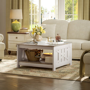 Table basse carrée à deux niveaux style farmhouse, chêne vieilli et marron